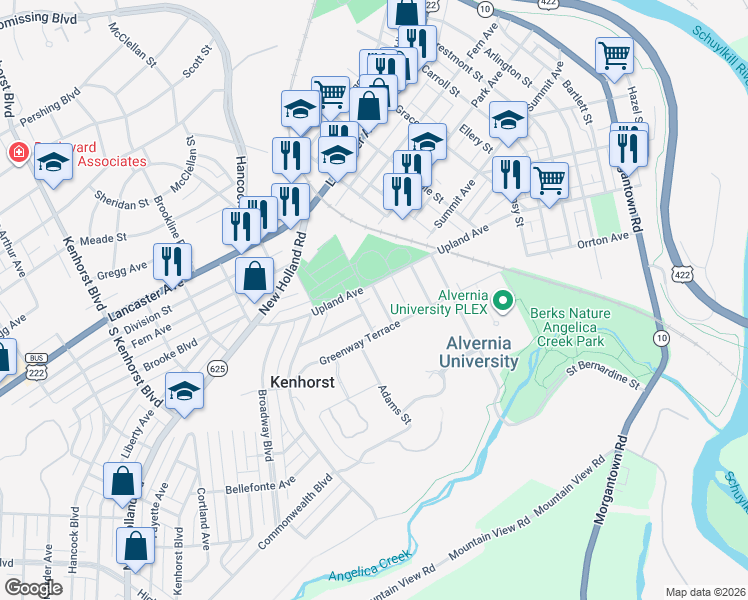 map of restaurants, bars, coffee shops, grocery stores, and more near 806 Upland Avenue in Reading
