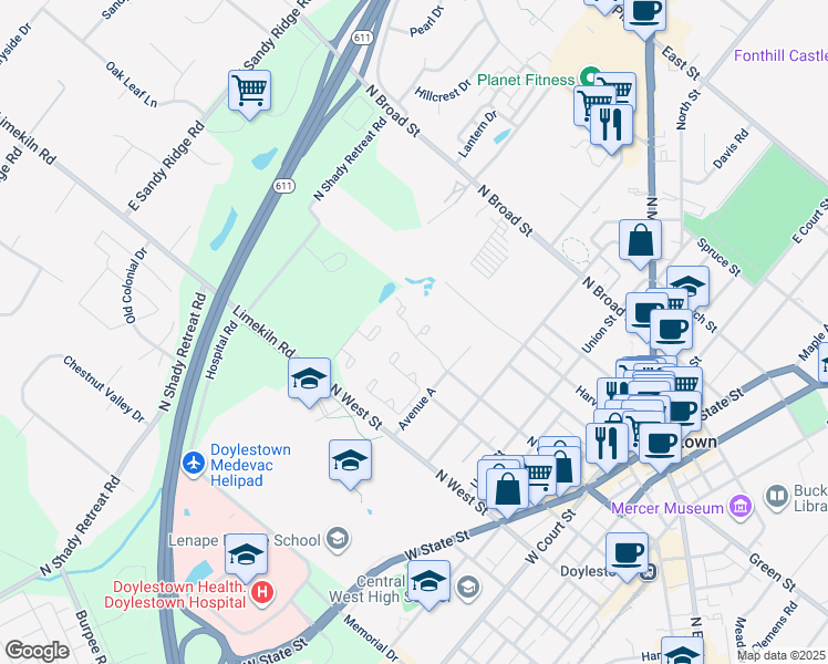 map of restaurants, bars, coffee shops, grocery stores, and more near 320 Dorset Court in Doylestown