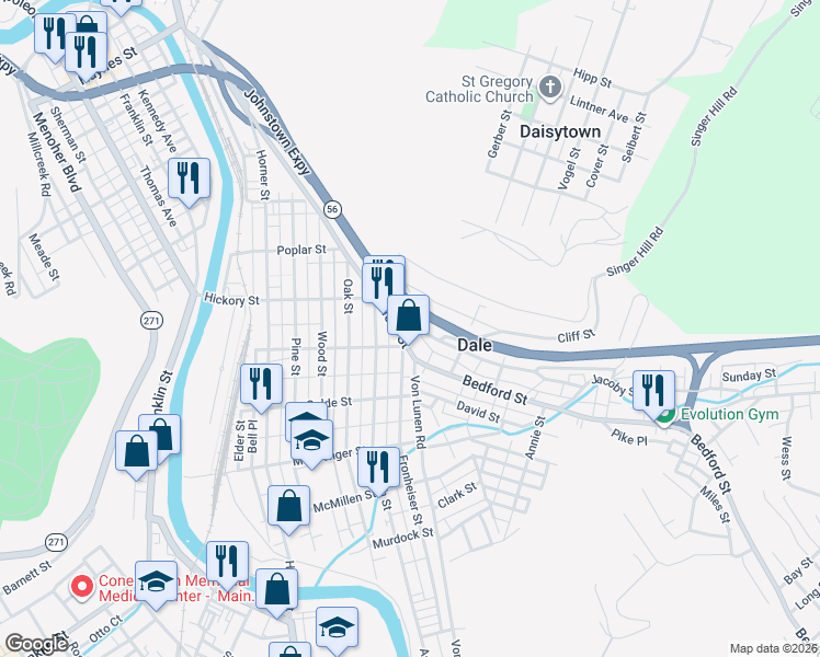 map of restaurants, bars, coffee shops, grocery stores, and more near 103-201 Cliff St in Johnstown