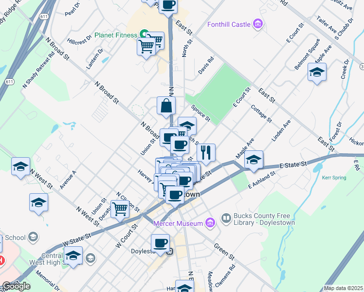 map of restaurants, bars, coffee shops, grocery stores, and more near 101 Mechanics Street in Doylestown