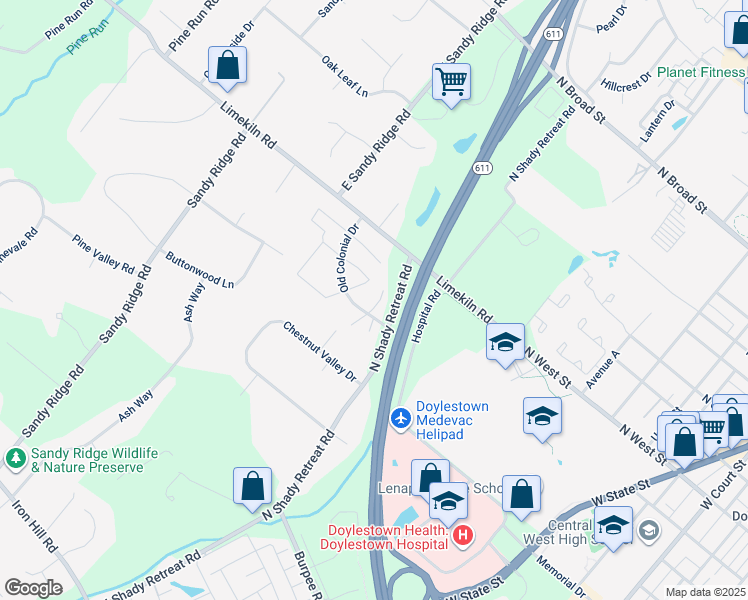 map of restaurants, bars, coffee shops, grocery stores, and more near 14 Independence Way in Doylestown