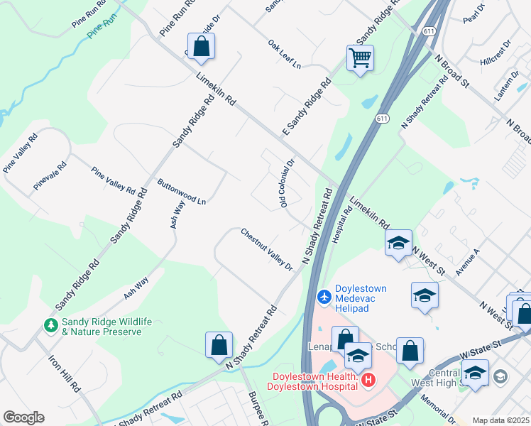 map of restaurants, bars, coffee shops, grocery stores, and more near 107 Providence Avenue in Doylestown