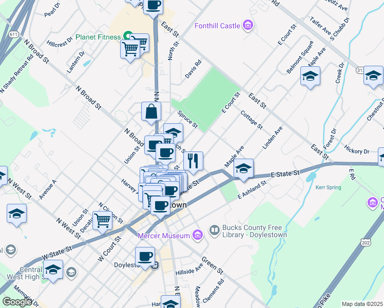 map of restaurants, bars, coffee shops, grocery stores, and more near 146 East Court Street in Doylestown