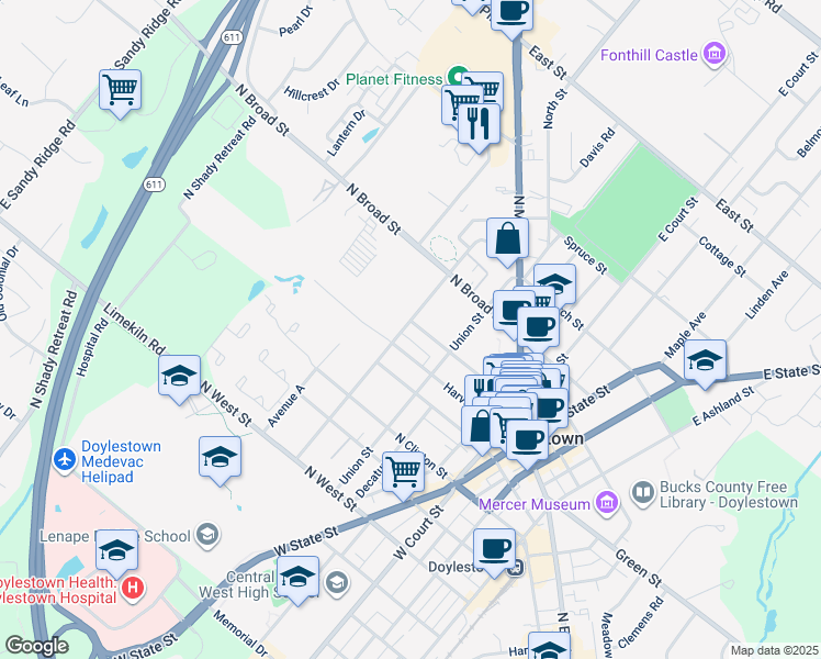 map of restaurants, bars, coffee shops, grocery stores, and more near 220 Shewell Avenue in Doylestown