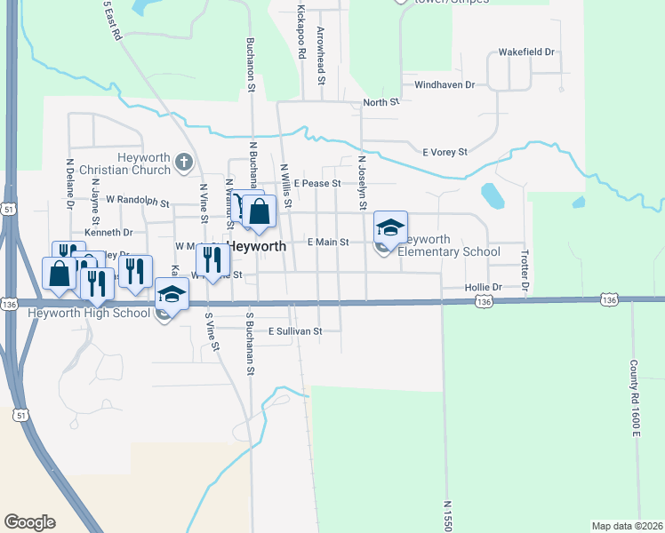 map of restaurants, bars, coffee shops, grocery stores, and more near in Heyworth