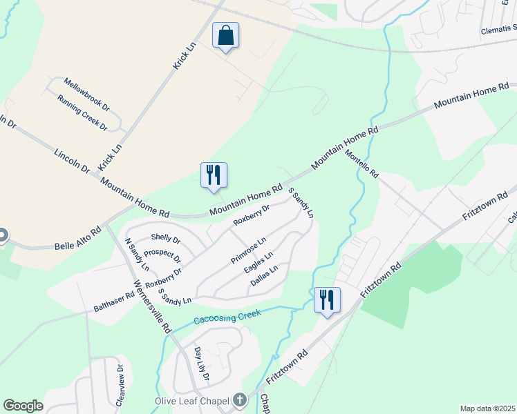 map of restaurants, bars, coffee shops, grocery stores, and more near 15 Roxberry Drive in Sinking Spring
