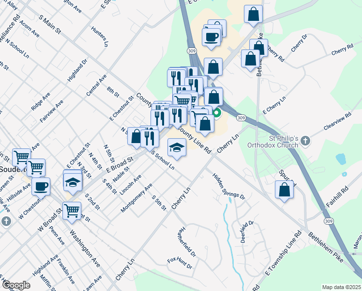 map of restaurants, bars, coffee shops, grocery stores, and more near 60 South County Line Road in Souderton
