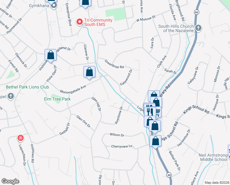map of restaurants, bars, coffee shops, grocery stores, and more near 1114 Logan Road in Bethel Park