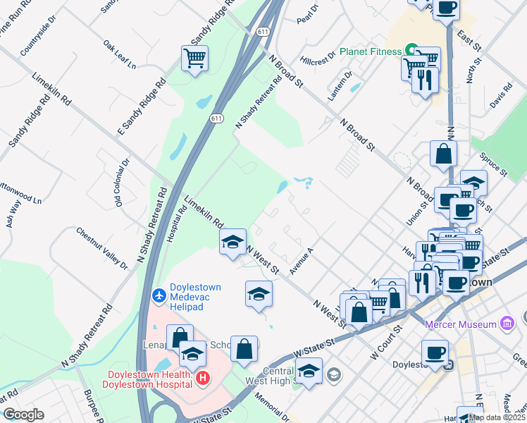 map of restaurants, bars, coffee shops, grocery stores, and more near 515 Portsmouth Court in Doylestown