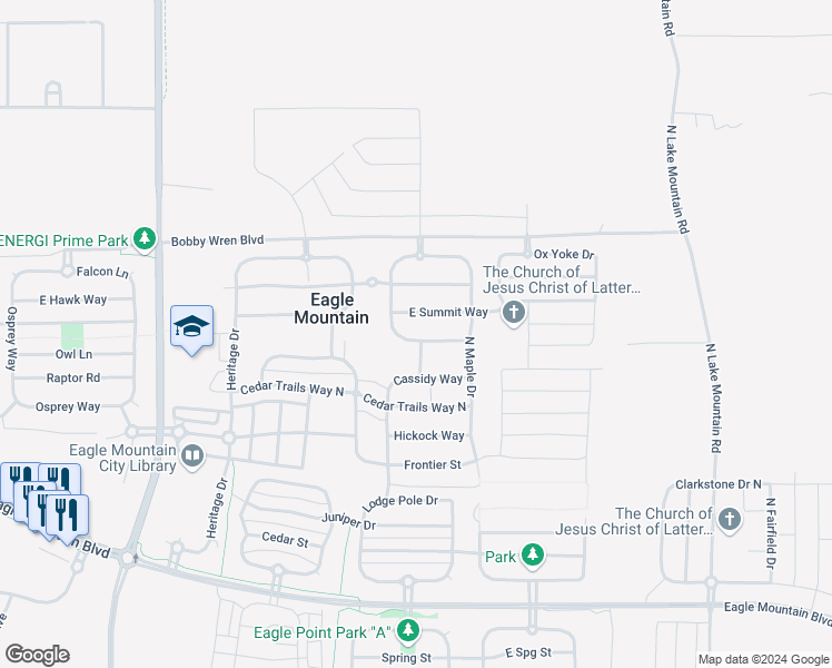 map of restaurants, bars, coffee shops, grocery stores, and more near 2114 East Summit Way in Eagle Mountain
