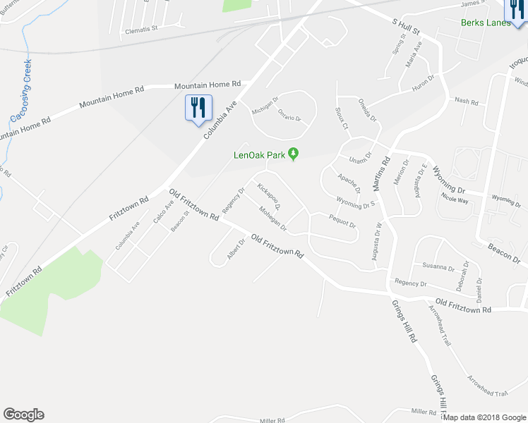 map of restaurants, bars, coffee shops, grocery stores, and more near 3502 Mohegan Drive in Reading
