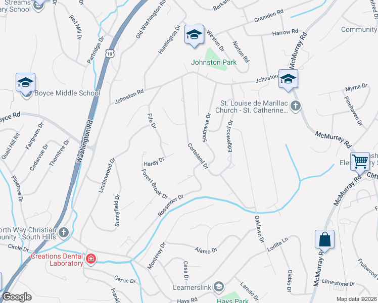 map of restaurants, bars, coffee shops, grocery stores, and more near 2469 Corteland Drive in Pittsburgh