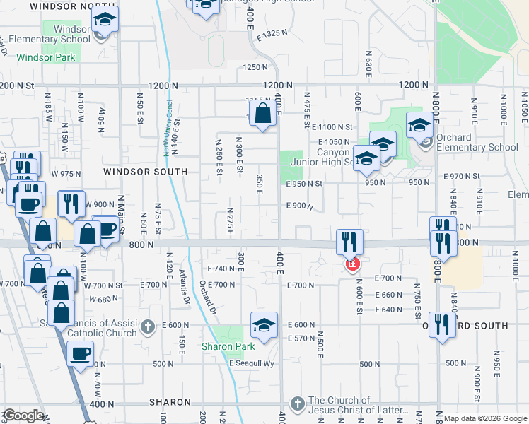 map of restaurants, bars, coffee shops, grocery stores, and more near 886 350 East in Orem