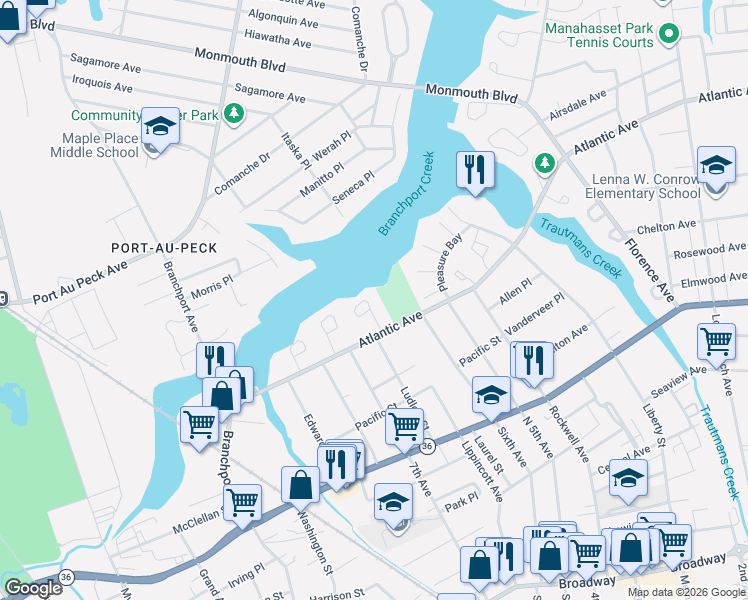 map of restaurants, bars, coffee shops, grocery stores, and more near 32 Baruch Drive in Long Branch