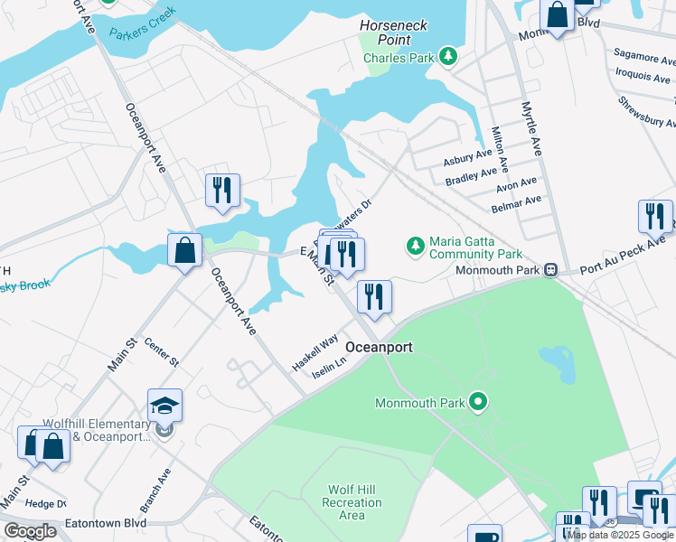 map of restaurants, bars, coffee shops, grocery stores, and more near 13 Lake Drive in Oceanport
