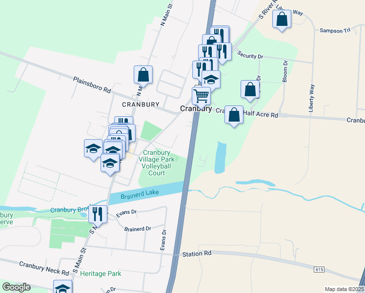 map of restaurants, bars, coffee shops, grocery stores, and more near 1 Justin Drive in Cranbury