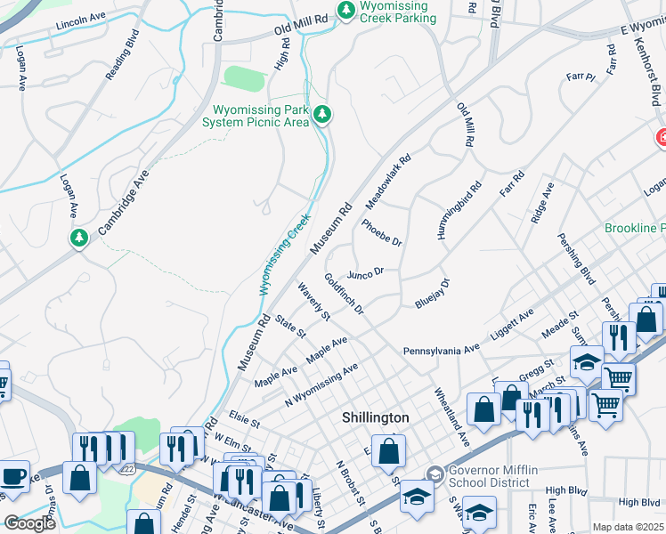 map of restaurants, bars, coffee shops, grocery stores, and more near 9 Goldfinch Drive in Wyomissing