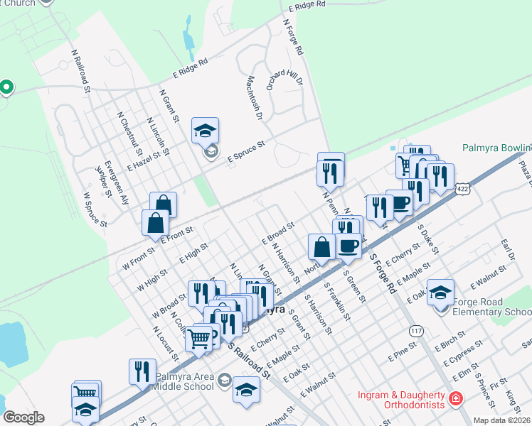 map of restaurants, bars, coffee shops, grocery stores, and more near 475 East High Street in Palmyra