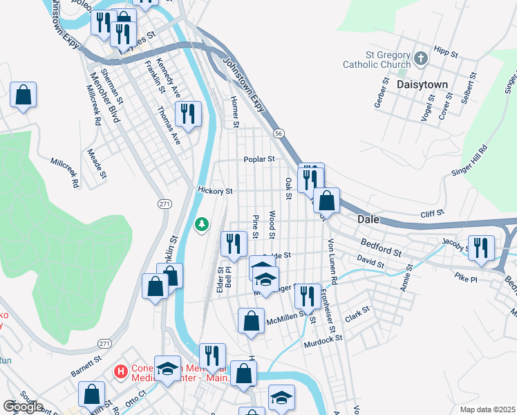 map of restaurants, bars, coffee shops, grocery stores, and more near 404 Wood Street in Johnstown
