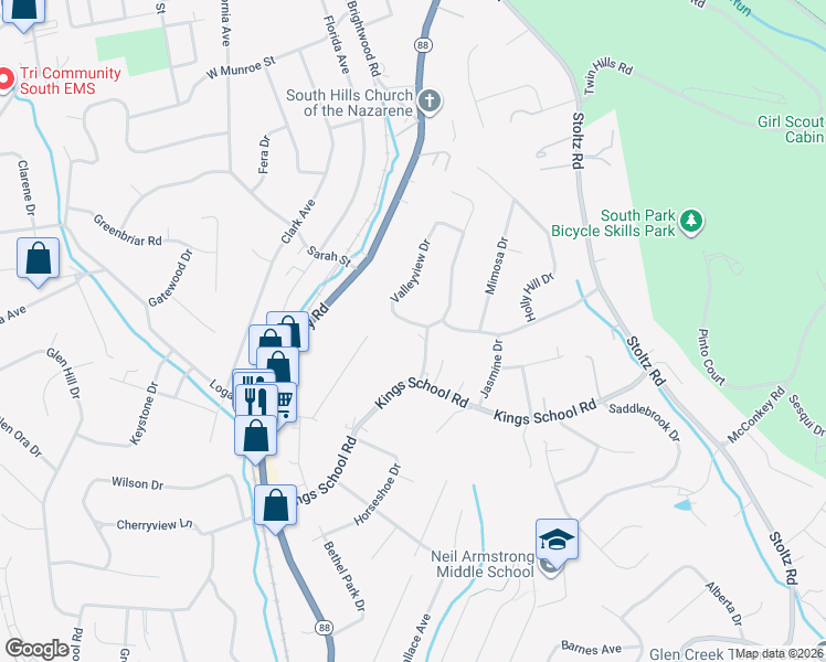 map of restaurants, bars, coffee shops, grocery stores, and more near 5704 Valleyview Drive in Bethel Park