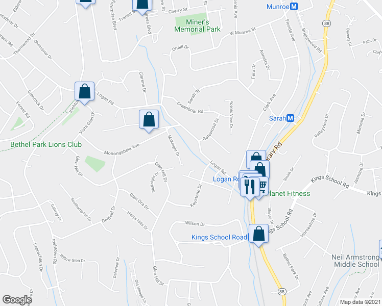 map of restaurants, bars, coffee shops, grocery stores, and more near 1114 Logan Road in Bethel Park
