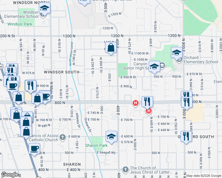 map of restaurants, bars, coffee shops, grocery stores, and more near 886 350 East in Orem