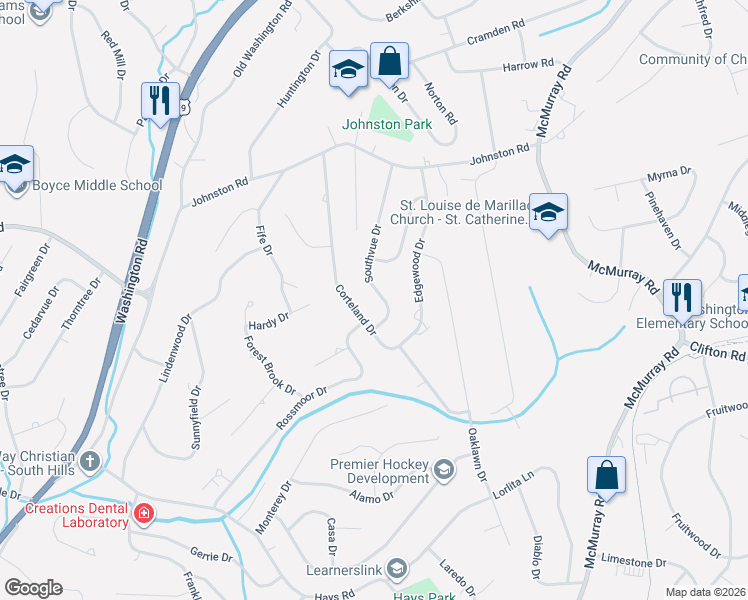 map of restaurants, bars, coffee shops, grocery stores, and more near 2478 Southvue Drive in Pittsburgh
