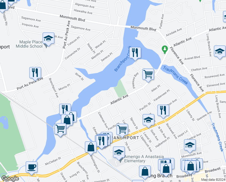 map of restaurants, bars, coffee shops, grocery stores, and more near 40 Baruch Drive in Long Branch