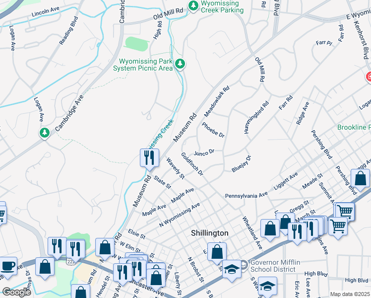 map of restaurants, bars, coffee shops, grocery stores, and more near 9 Goldfinch Drive in Wyomissing