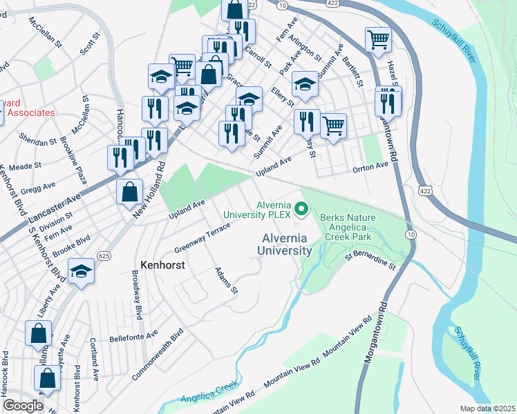 map of restaurants, bars, coffee shops, grocery stores, and more near 711 Greenway Terrace in Reading
