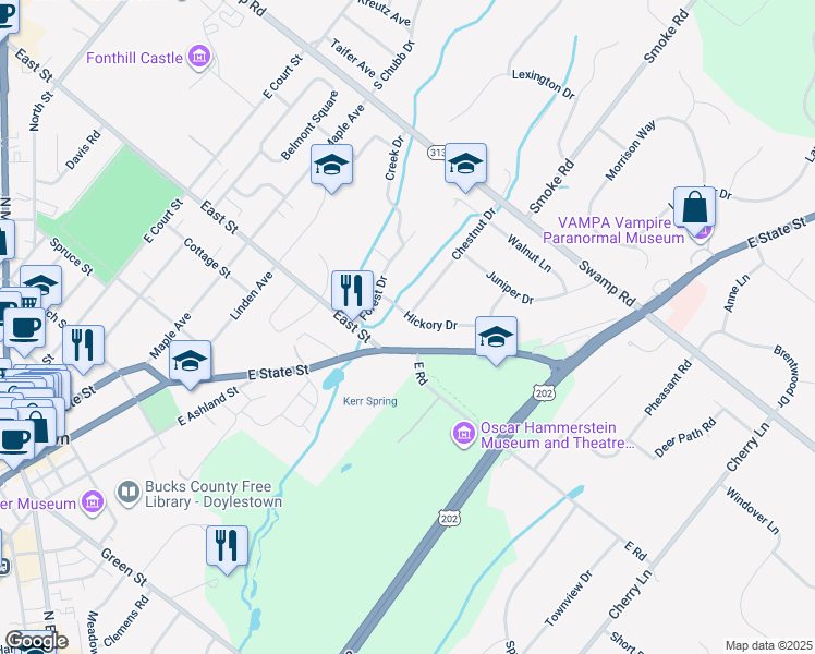 map of restaurants, bars, coffee shops, grocery stores, and more near 10 Hickory Drive in Doylestown