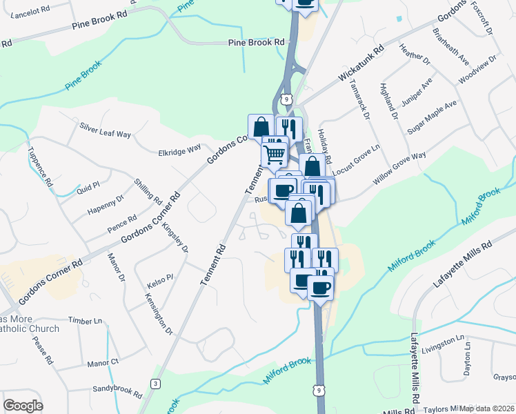 map of restaurants, bars, coffee shops, grocery stores, and more near Towne Pointe in Manalapan Township