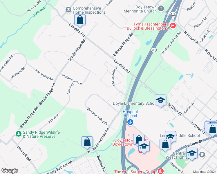 map of restaurants, bars, coffee shops, grocery stores, and more near 104 Providence Avenue in Doylestown