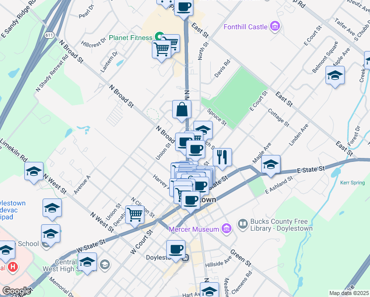 map of restaurants, bars, coffee shops, grocery stores, and more near 175 North Main Street in Doylestown