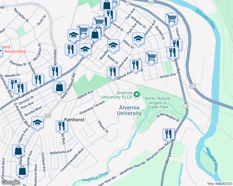 map of restaurants, bars, coffee shops, grocery stores, and more near 711 Greenway Terrace in Reading