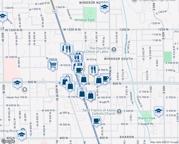 map of restaurants, bars, coffee shops, grocery stores, and more near 894 North 160 West in Orem