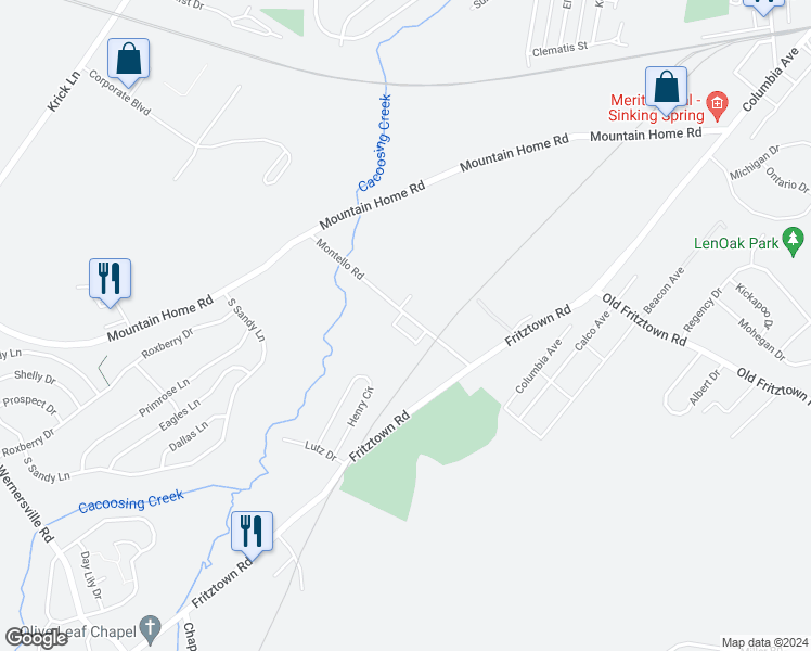 map of restaurants, bars, coffee shops, grocery stores, and more near 38 Montello Road in Sinking Spring