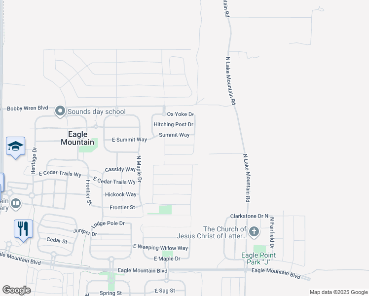 map of restaurants, bars, coffee shops, grocery stores, and more near 2418 Jim Bridger Drive in Eagle Mountain