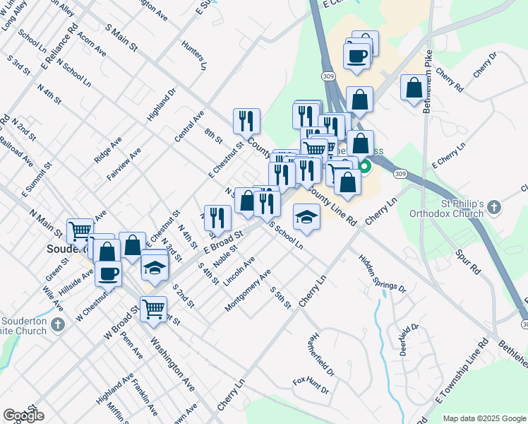 map of restaurants, bars, coffee shops, grocery stores, and more near 601 East Broad Street in Souderton