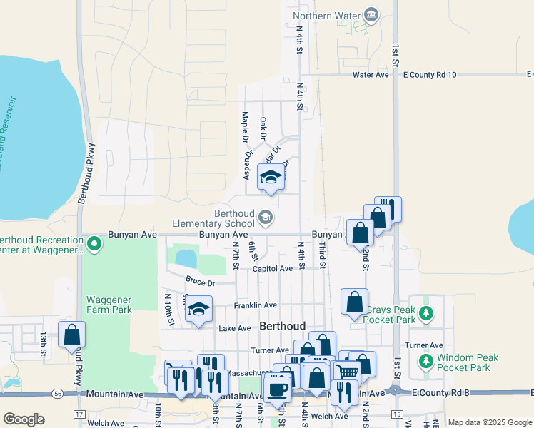 map of restaurants, bars, coffee shops, grocery stores, and more near 560 Bunyan Avenue in Berthoud