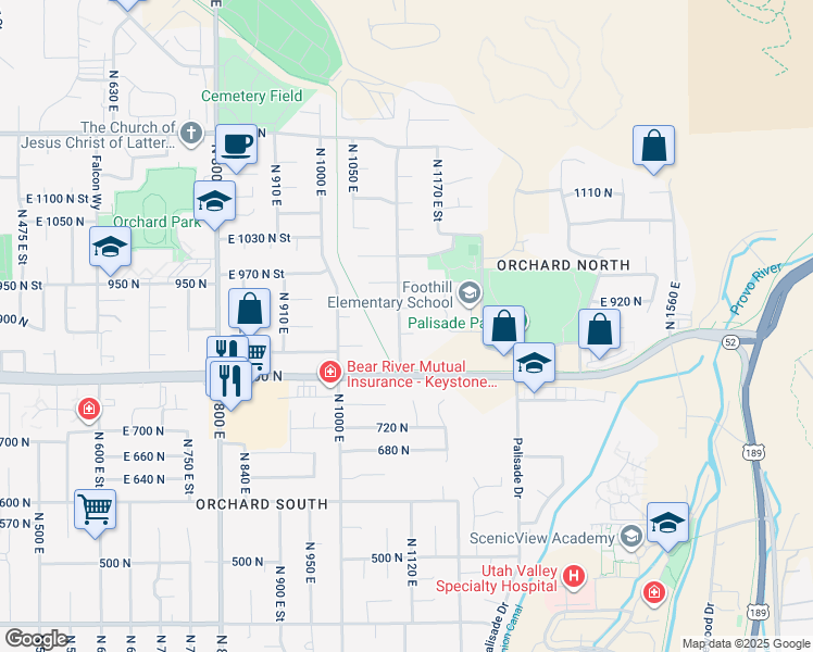 map of restaurants, bars, coffee shops, grocery stores, and more near 1111 East 880 North Street in Orem