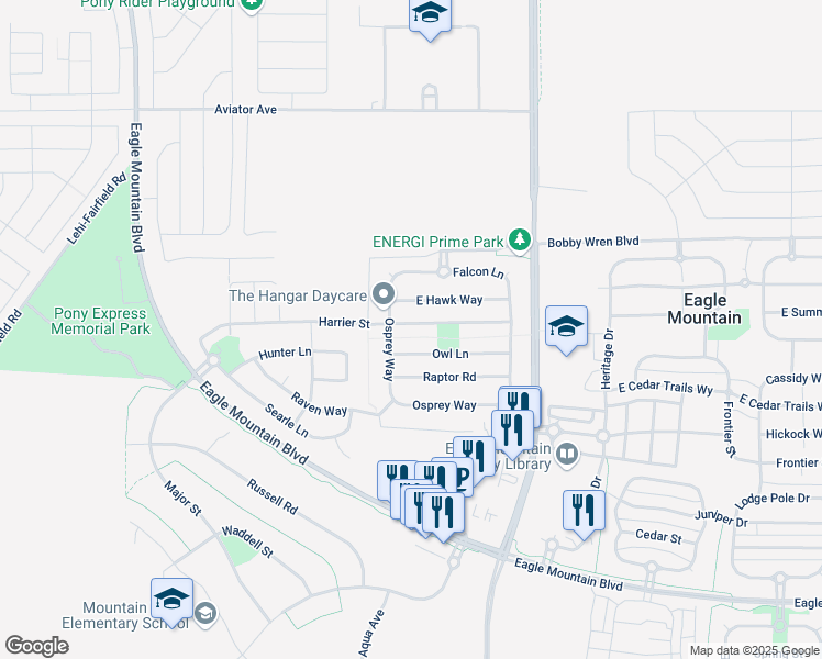 map of restaurants, bars, coffee shops, grocery stores, and more near 1334 Harrier Street in Eagle Mountain