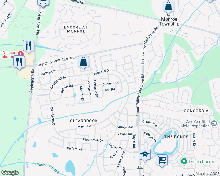 map of restaurants, bars, coffee shops, grocery stores, and more near 229C Convent Road in Monroe Township