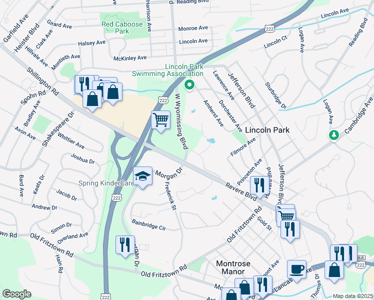map of restaurants, bars, coffee shops, grocery stores, and more near West Wyomissing Boulevard in Reading