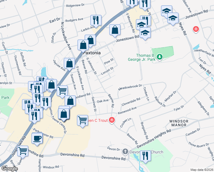 map of restaurants, bars, coffee shops, grocery stores, and more near 5533 Walnut Street in Harrisburg