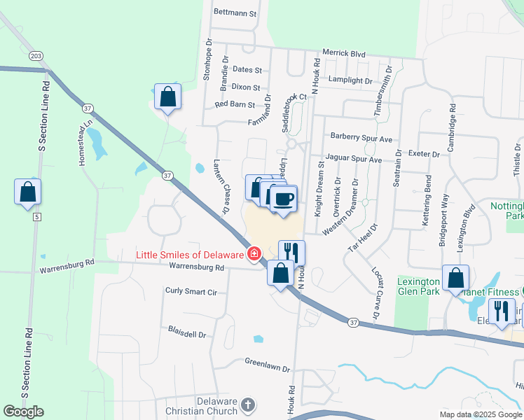 map of restaurants, bars, coffee shops, grocery stores, and more near 825 North Houk Road in Delaware