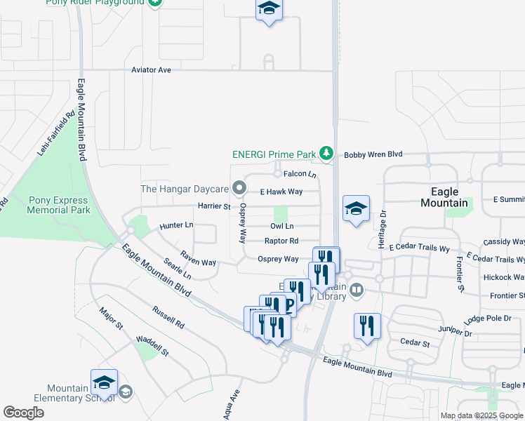 map of restaurants, bars, coffee shops, grocery stores, and more near 1348 Harrier Street in Eagle Mountain