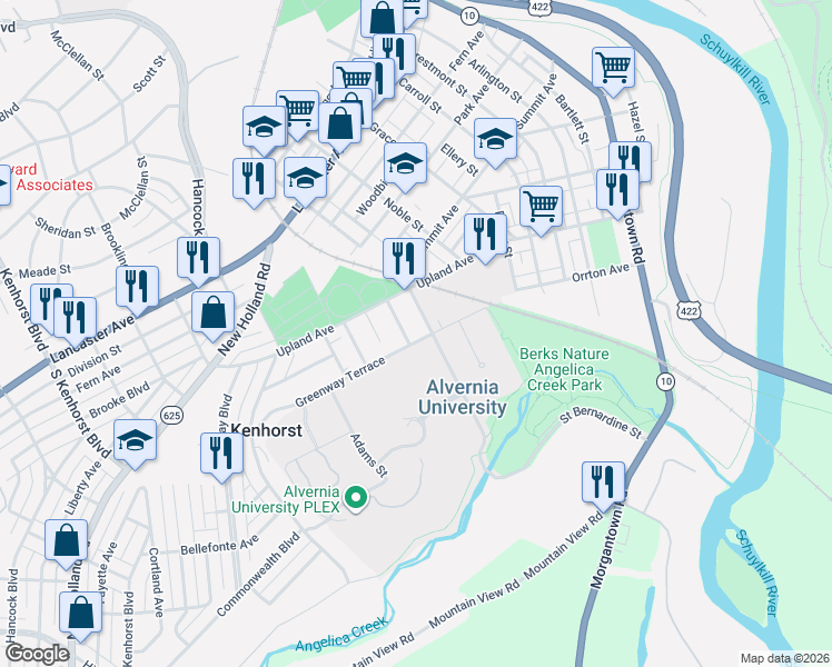 map of restaurants, bars, coffee shops, grocery stores, and more near 329 Saint Bernardine Street in Reading