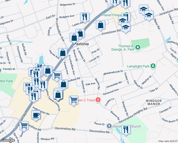 map of restaurants, bars, coffee shops, grocery stores, and more near 230 South Johnson Street in Harrisburg