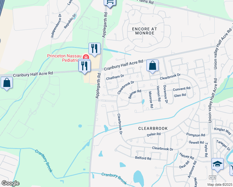 map of restaurants, bars, coffee shops, grocery stores, and more near 90 Chatham Drive in Monroe Township